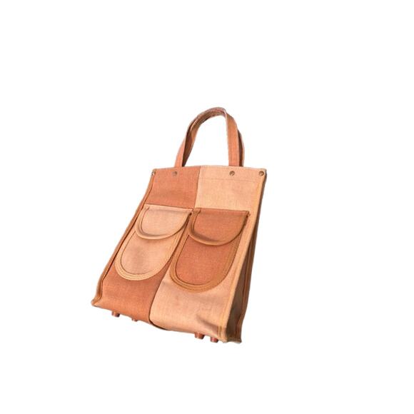 1960s Two-Tone Canvas Pocket Tote - Vintage Workwear Style Handbag - Picture 1 of 5